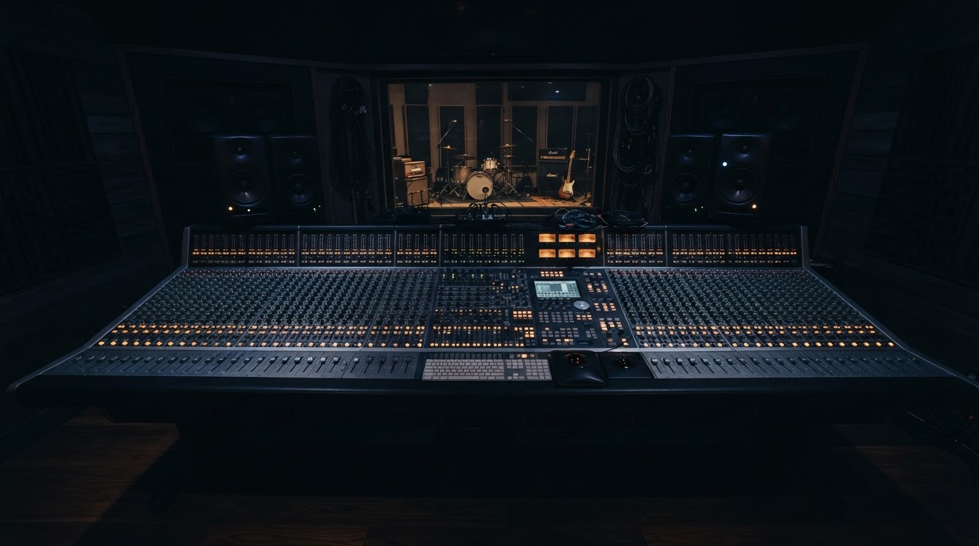 A professional mixing console in a dark moody studio